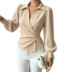 Elevate Your Elegance: TIAFORD Women's Chic Ruched Wrap Blouse with Puff Sleeves"
