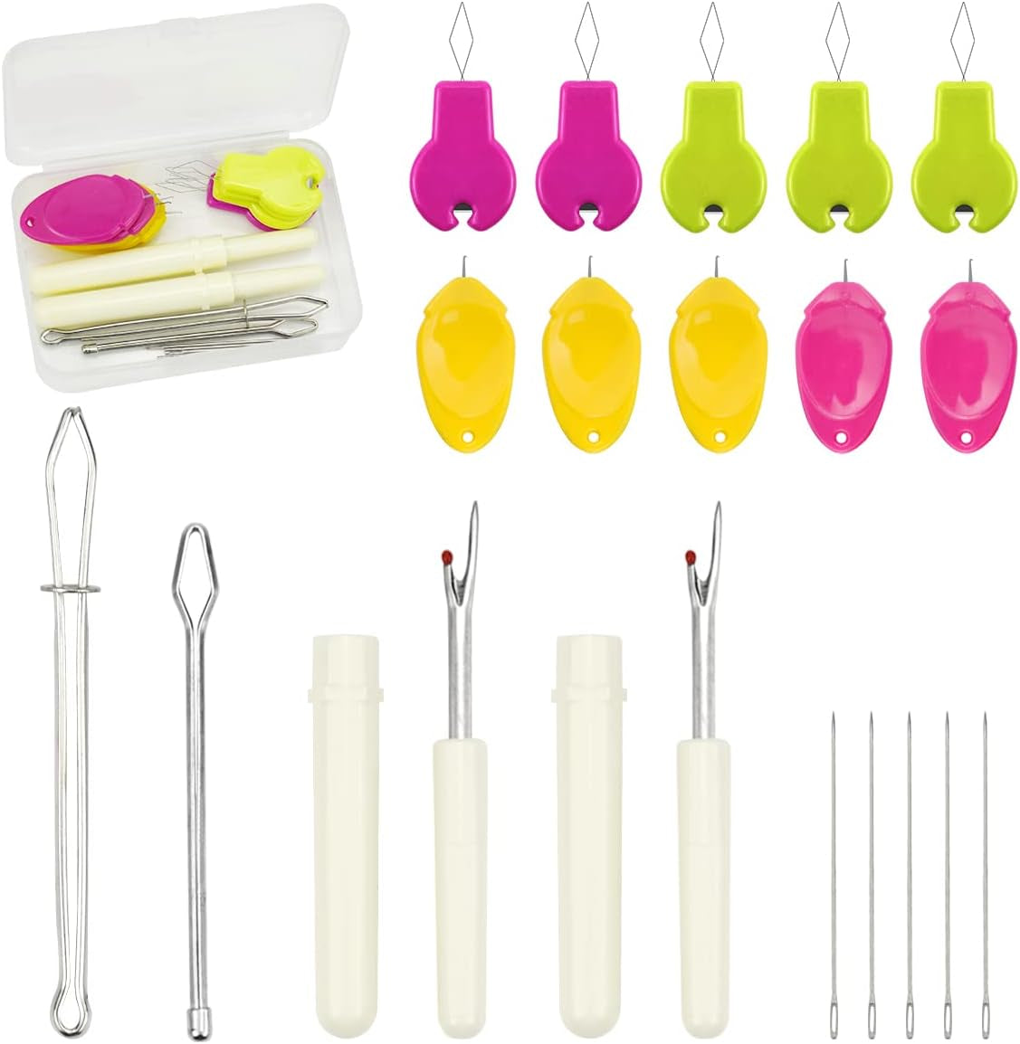 Needle Threaders Tool Set 19 in 1 for Hand Sewing, Sewing Machine, DIY (5 Pcs Gourd Shaped Threaders + 5 Pcs Thumb Shaped Threaders + 2 Pcs Drawstring Threaders + 2 Pcs Seam Rippers + 5Pcs Needles)