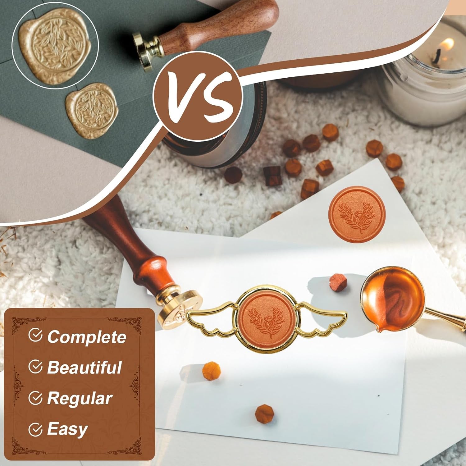 Newest Design 5+29P Metal Wax Seal Mold with Wing,  Gold Wax Seal Stamp Mold round Flower Square Hexagonal Heart Metal Wax Melt Mold with Silicone Mat, 28P Wax Sticker for Envelope Wax Wrapping