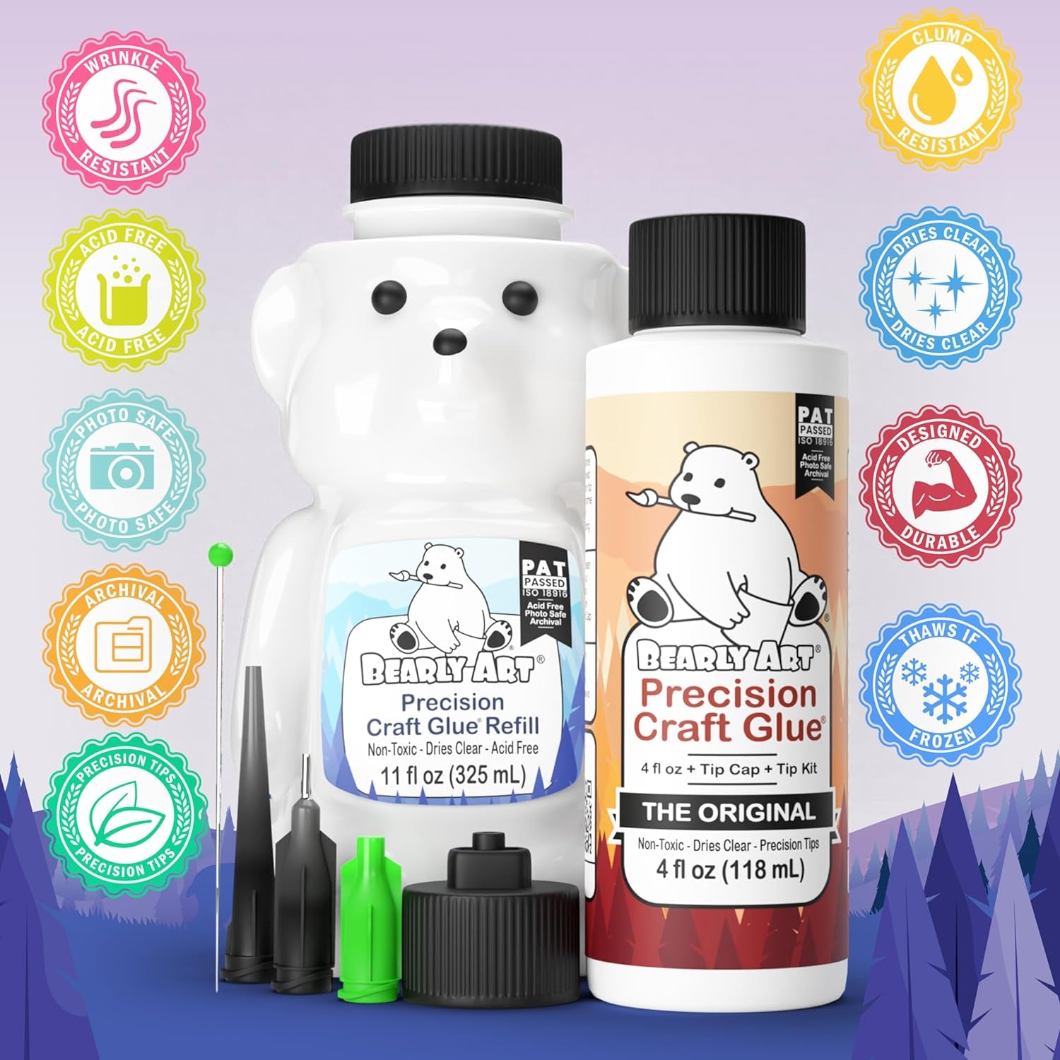 Precision Craft Glue -The Bundle - 4Fl Oz and 11Fl Oz Refill Bear - Tip Kit Included - Wrinkle Resistant - Flexible and Crack Resistant - Strong Hold Adhesive - Made in USA