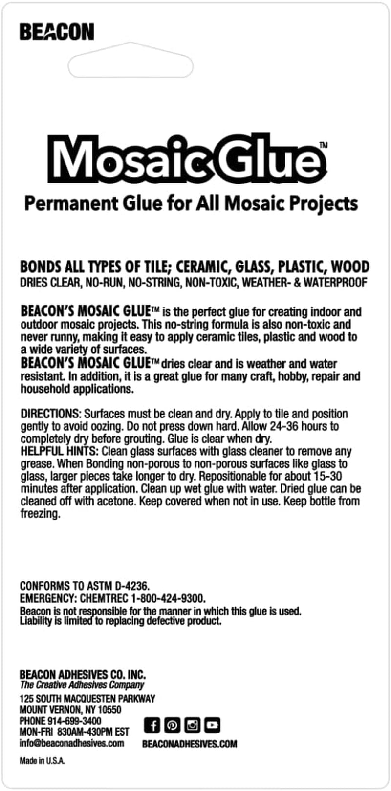 Mosaic Glue - Non-Toxic & Water Resistant, Ideal for All Tiles & Surfaces, 2-Ounce