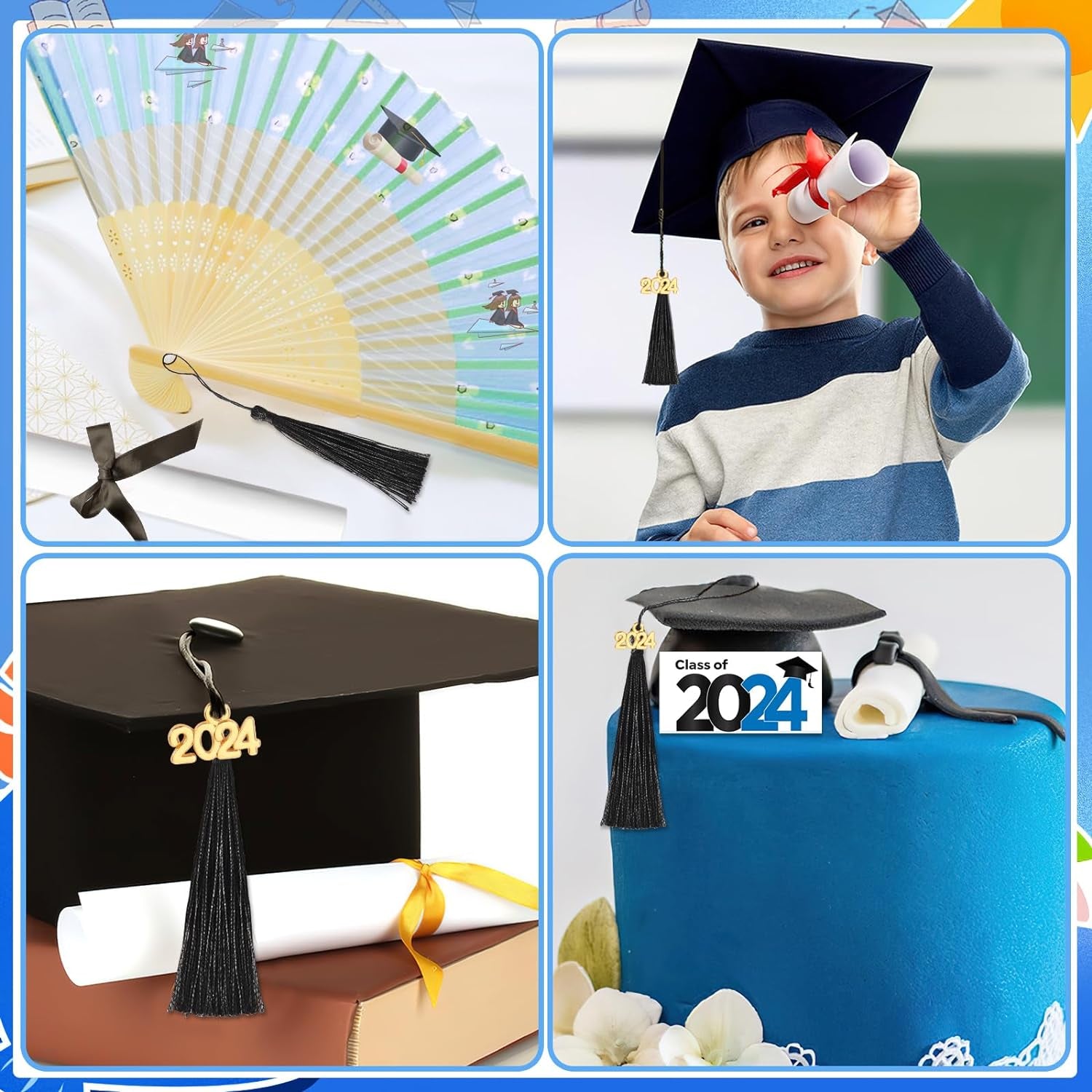 Preschool Graduation Tassels, 120Pcs Mini Graduation Tassels with 120Pcs 2024 Year Charms for Graduation Cap Keychain Jewelry Making, Bookmark Tassels for DIY Crafts Ornaments Project, Black