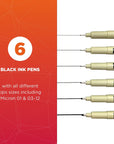 Pigma Micron Fineliner Pens - Archival Black Ink Pens - Pens for Writing, Drawing, or Journaling - Assorted Point Sizes - 6 Pack