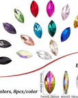 128 Pcs 16 Colors Pointback Horse Eye Shaped Gem Stones 0.6X0.3 Inch Glass Rhinestones Gems Jewels Embelishments with Silver Plated Back Crystals Rhinestones for Crafts Jewelry Making