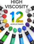 Complete Acrylic Paint Set – 12Х Rich Pigment Colors & 6X Art Brushes - Includes 3 Paint Canvases, Palette Knife & Sponge - Perfect for Canvas, Clay, Ceramic - Non-Toxic, Great for Kids & Adults