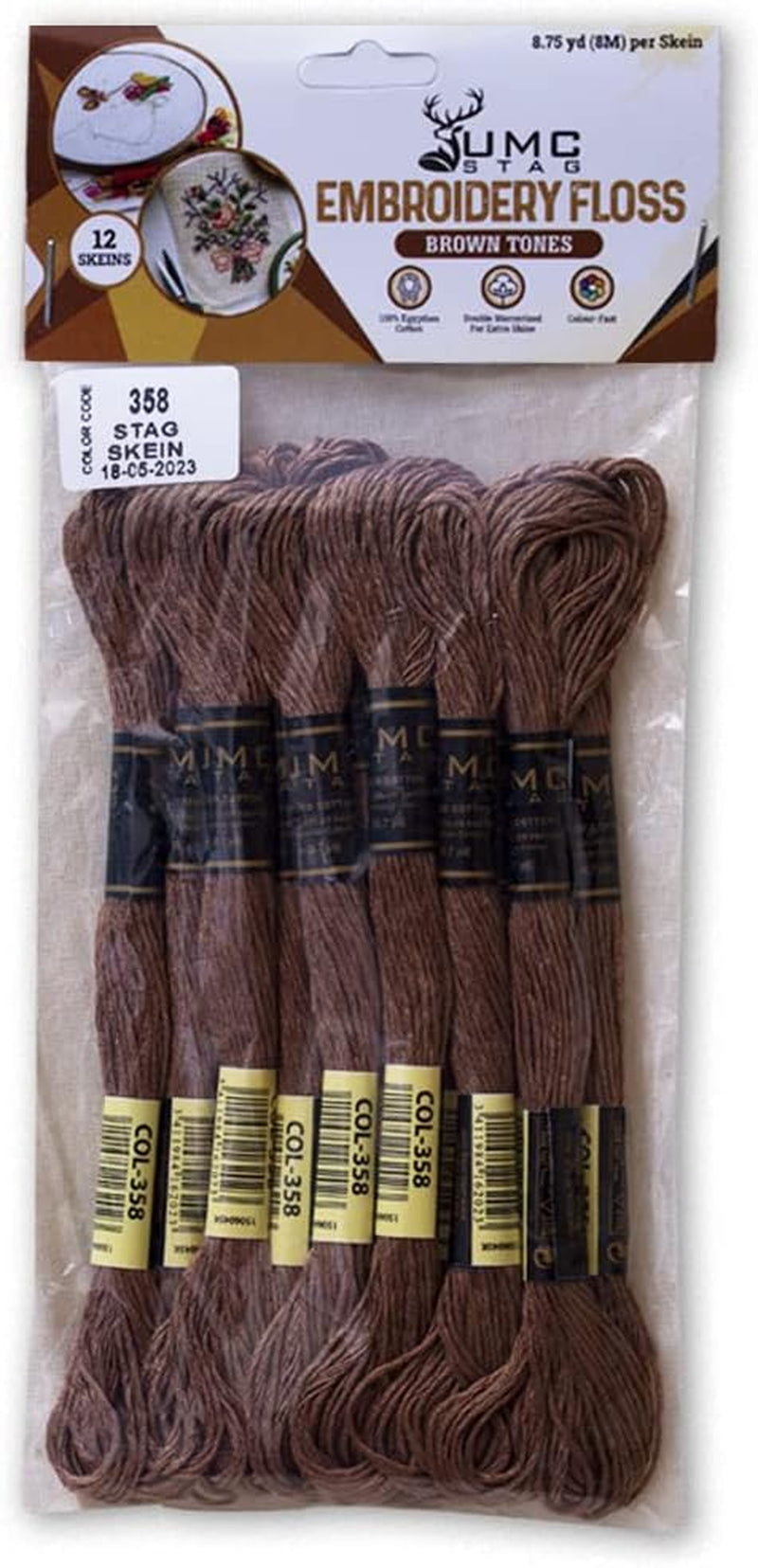 Pack of 12 Premium Embroidery Thread | 100% Egyptian Cotton Premium Skeins | Cross Stitch Embroidery Floss | Oeko TEX Certified Stranded Cotton | (Medium Brown 358)