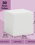 30 Pack Foam Craft Blocks for Modeling, 3 Inch Mini Square Cubes for Sculpting, School Projects (White Polystrene)