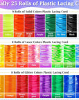 Lanyard String Kit, Boondoggle String with 25 Rolls Plastic Lacing Cord and 50Pcs Keychain Lanyard Accessories, Gimp String Lanyard Weaving Kit for Keychain Crafts, Bracelet and Lanyards