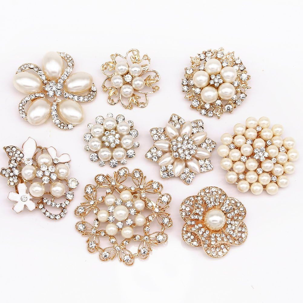 Lot 9Pcs Rose Gold-Tone Rhinestone Brooches, Big Pearl Crystal Wedding Bouquet Kit Set