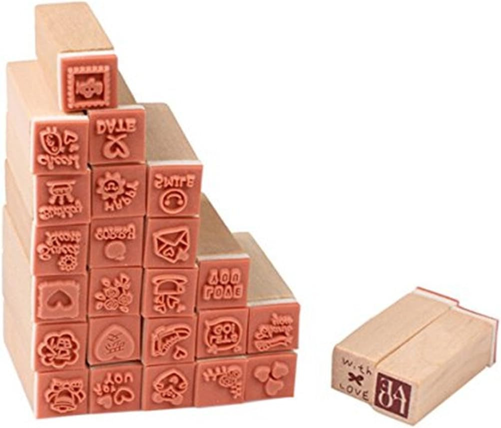 Pack of 25 Pcs Small Heart Shape Wooden Rubber Stamps with Box for DIY Craft Card and Photo Album (Red)