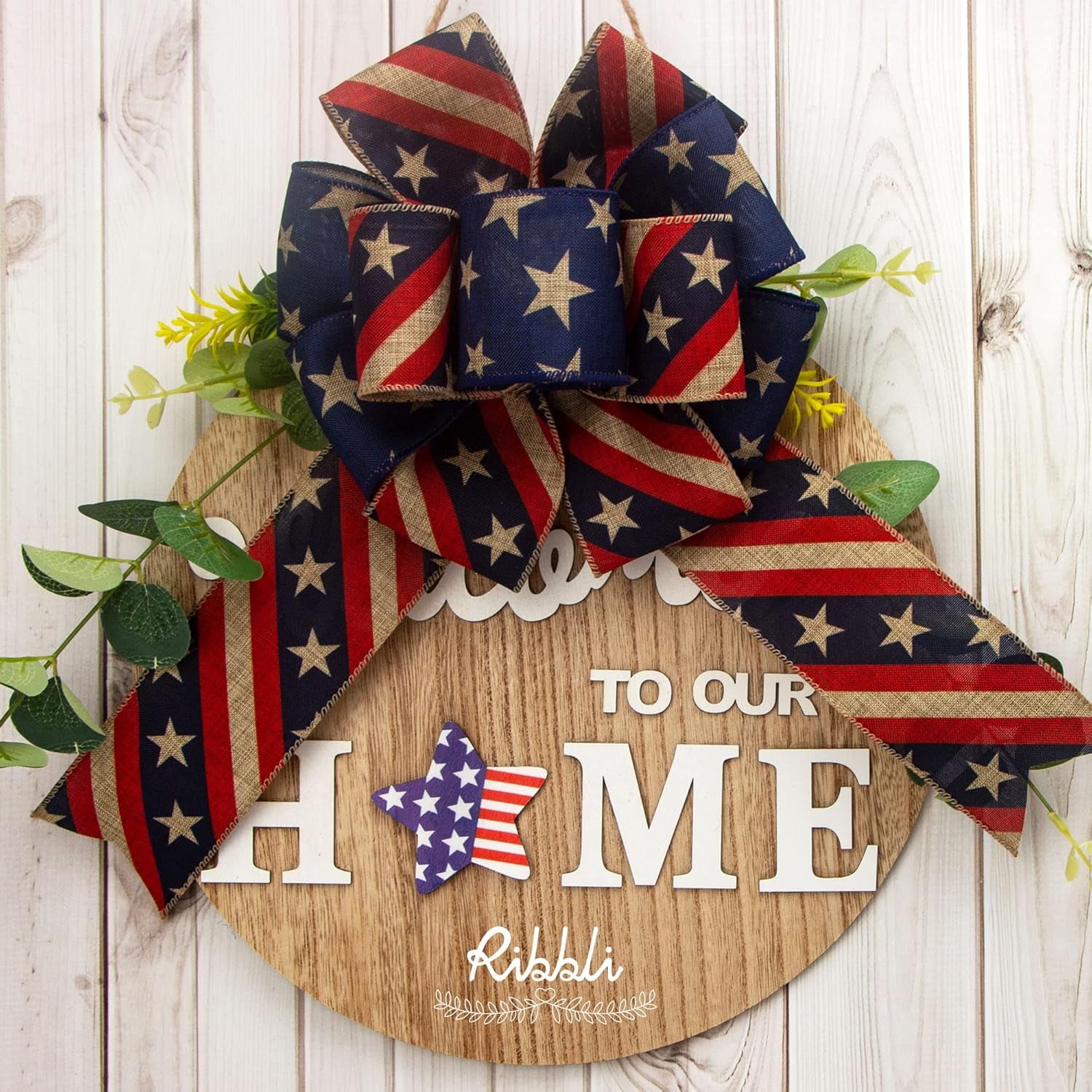 Rustic Patriotic Ribbon Wired,4 Rolls Stars and Stripes Burlap Ribbon,2-1/2 Inch Total 60 Feets(20 Yards), Patriotic Ribbon for Crafts,Wreaths,4Th of July Big Bow,Party Decoration-Pt01