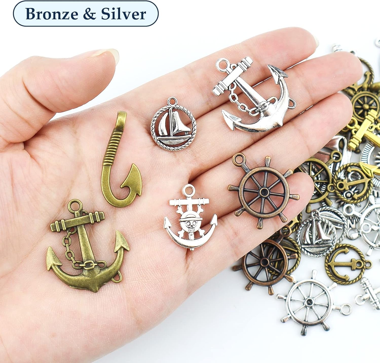 Nautical Anchor Rudder Helm Compass Charms, 100 Grams Mixed Ship Anchor Wheel Pendants Beads Charms for DIY Necklace Bracelet Jewelry Making Accessories