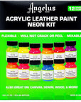 Neon Leather Paint 1Oz 12 Color Set Kit for Sneakers, Shoes Boots, Jackets, Shirts, Cups, & More- Made in USA