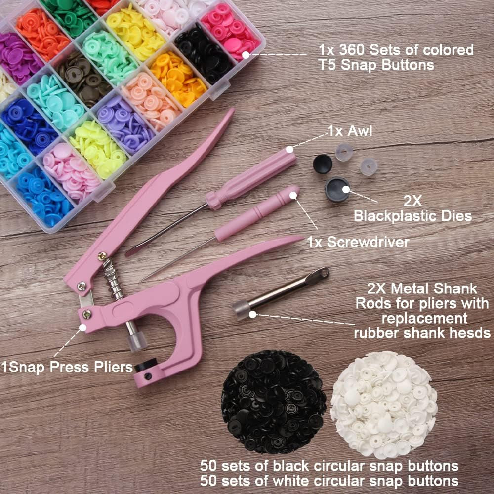 Polygon Snap Kit with Snap Pliers, 473Pcs T5 Snap Kit for DIY and Sewing/Making/Repairing/Decorating Clothes, Diapers, Bibs…