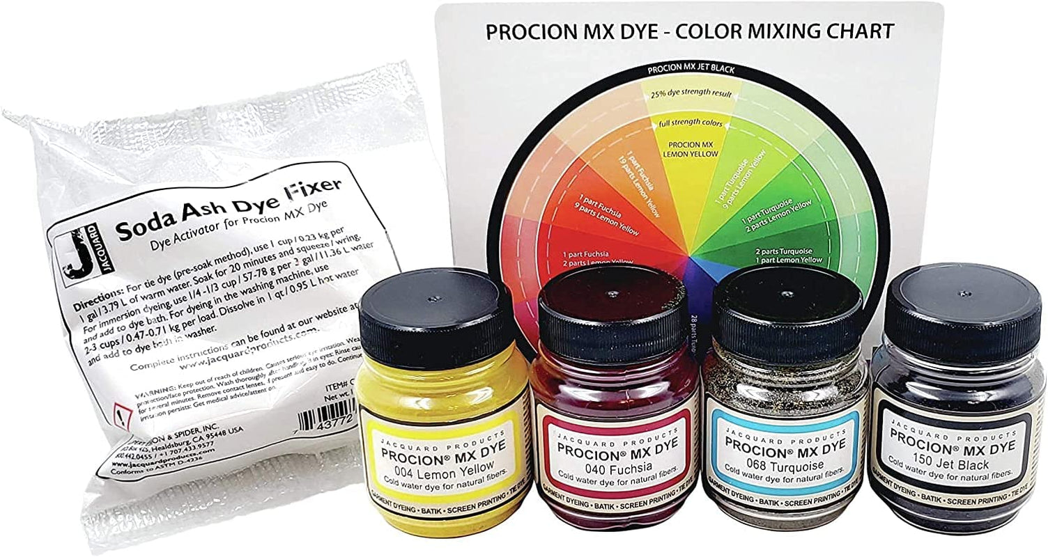 Procion Mx Dye 4 Color Set with Soda Ash and Color Mixing Chart - Lemon Yellow - Fuchsia - Turquoise - Jet Black