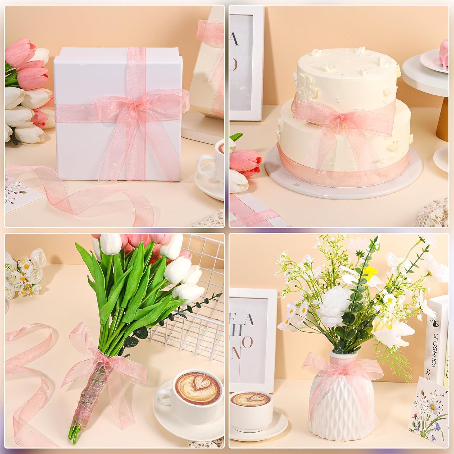 Pink Sheer Ribbon, 100 Yards 1 Inch Pink Organza Chiffon Tulle Ribbon for Gift Wrapping Crafts Flower Bouquet Wedding Invitation Party Home Decoration