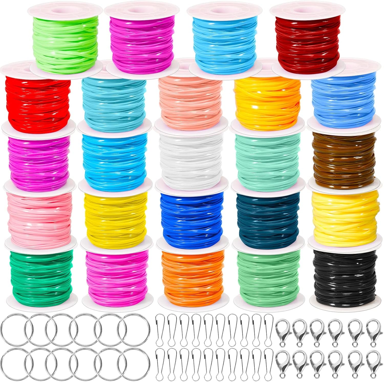 Plastic Lanyard String Kit,24 Rolls Gimp Bracelet Making Kit String Plastic Lacing Cords with 24 Pcs Jewelry Lobster Clasp 24 Pcs Key Chain Ring Lanyard Clips 24 Pcs Snap Lanyard Hooks