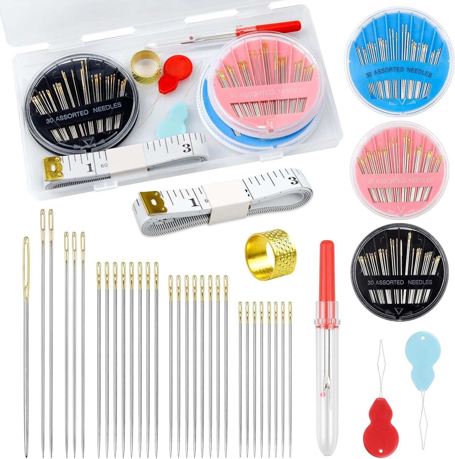 Premium Hand Sewing Needles Set,90-Count Assorted Embroidery Needles with Threaders,Thread Removal Knife, Thimble,Soft Tape Measure for Hand Sewing Repair