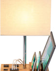 Desk Lamp with 3 USB Charging Ports, Table Lamp with 2AC Outlets and 3 Phone Stands, Nightstand Bedside Lamp with Natural Wooden Base and Cream Linen Shade