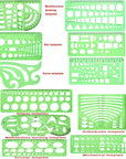 11 Piece Geometric Drawing Template Measuring Ruler, Transparent Green Plastic Ruler with Portable Plastic Bag For, for Studying, Designing and Building