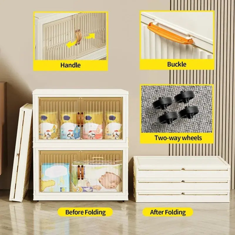 pupustar Storage Bins with Lids and Doors, Plastic Stackable Storage Bins Open Front, Foldable Storage Boxes for Organizing, Col