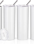 Skinny 20 OZ Straight Stainless Steel White Tumbler with Metal Straw for Heat Press Machine Printing 4 Pack