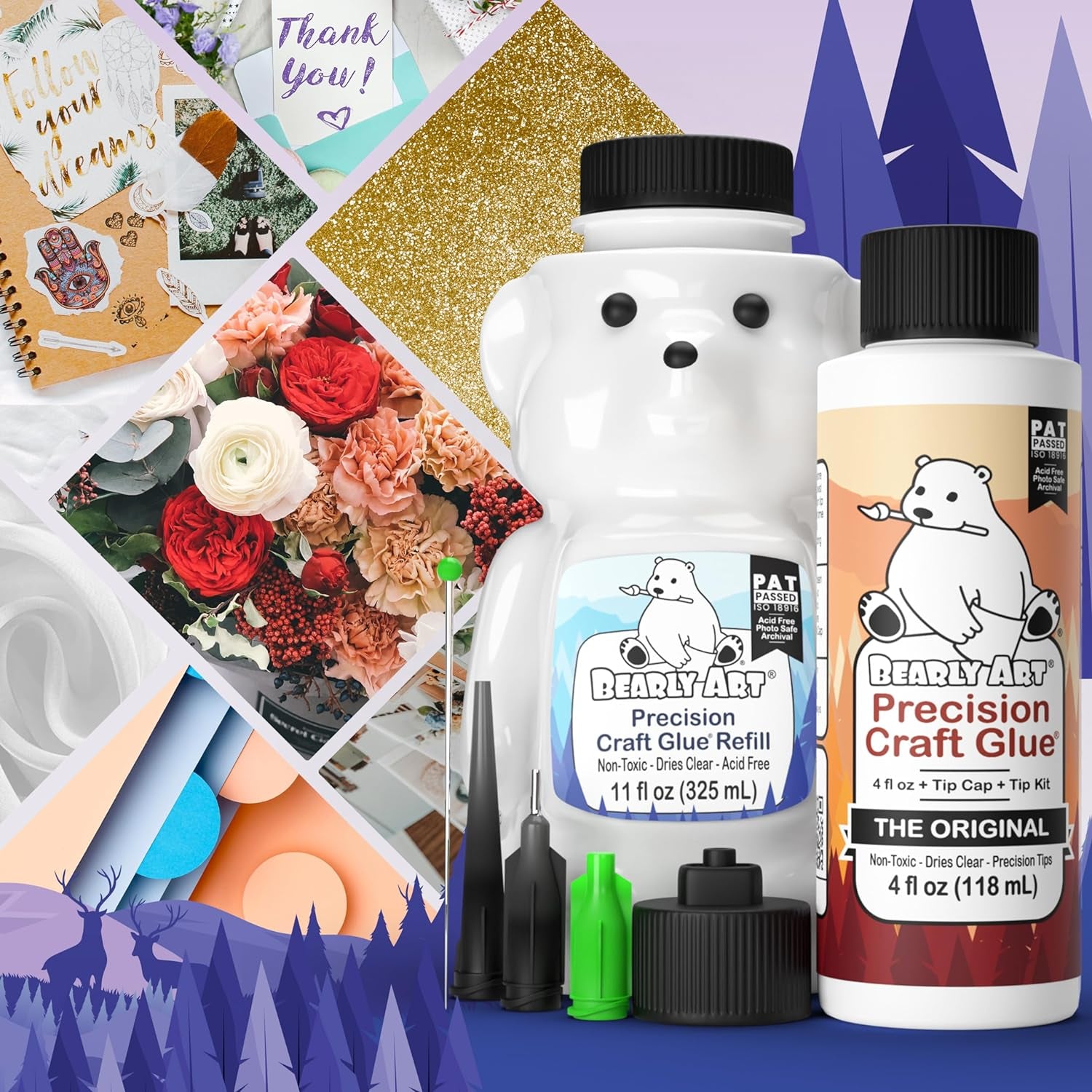 Precision Craft Glue -The Bundle - 4Fl Oz and 11Fl Oz Refill Bear - Tip Kit Included - Wrinkle Resistant - Flexible and Crack Resistant - Strong Hold Adhesive - Made in USA