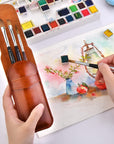 Sable Travel Watercolor Brushes, 4Pcs Kolinsky Sable Watercolor Travel Brushes with Leather Pouch - Fine Point Rounds Dagger Flat for Watercolor Gouache Ink Painting