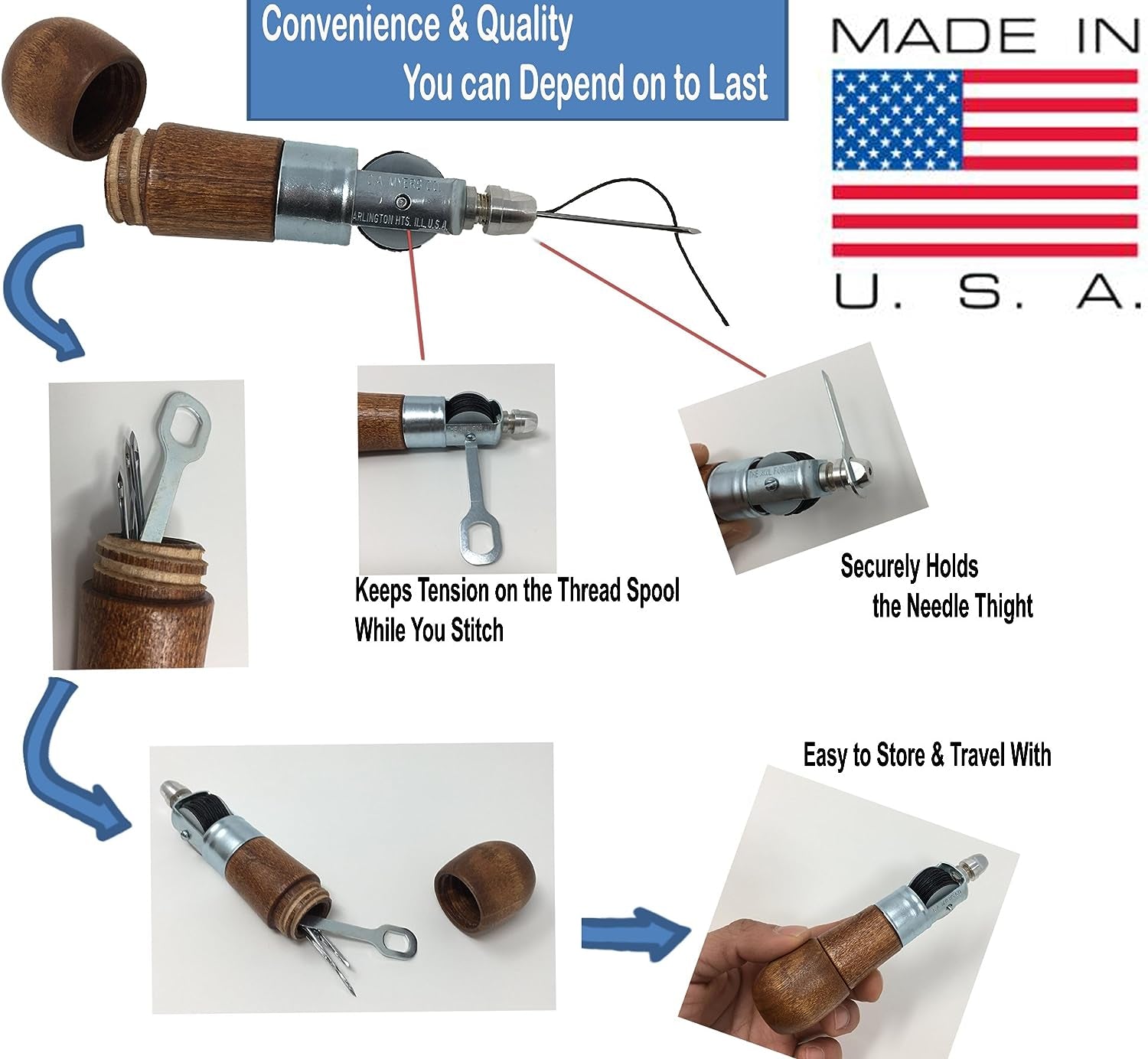Repair Stitch Tool | Made in USA | Sewing Awl for Bounce Houses, Inflatables, Leather, Thick Fabric, Shoes, Bags, Belt, Upholstery Repair Kit & Crafts Leather, Tarp Stitching. Professional Heavy Duty