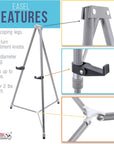 66" High Gallery Silver Aluminum Display Easel and Presentation Stand - Large Adjustable Height Portable Tripod, Holds 25 Lbs - Floor and Tabletop, Display Paintings, Signs, Posters