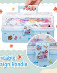 Hair Accessories Organizer 13 Inch Hair Accessories Storage Box with Fold Tray and Handle 3 Layers Plastic Tool Box Hair Accessories Organizer Box for Art Sewing Nail with Stickers (Blue)