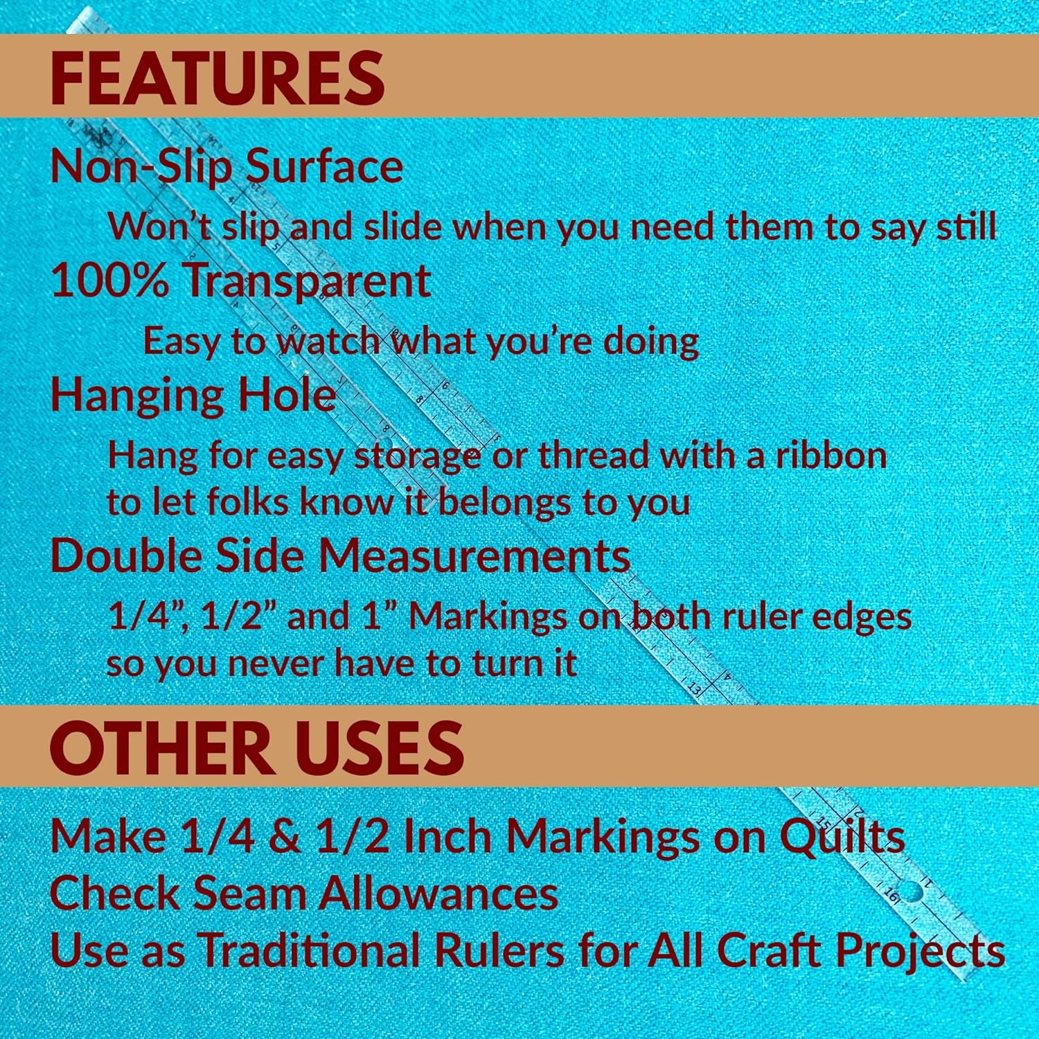 Exclusive | Quarter-Inch Patchwork Sewing Ruler Set | Includes 9" and 17" Quilting Rulers for Precise Marking and Measuring | ¼," ½," and 1" from Each Side | Non-Slip Coating Grips Fabric