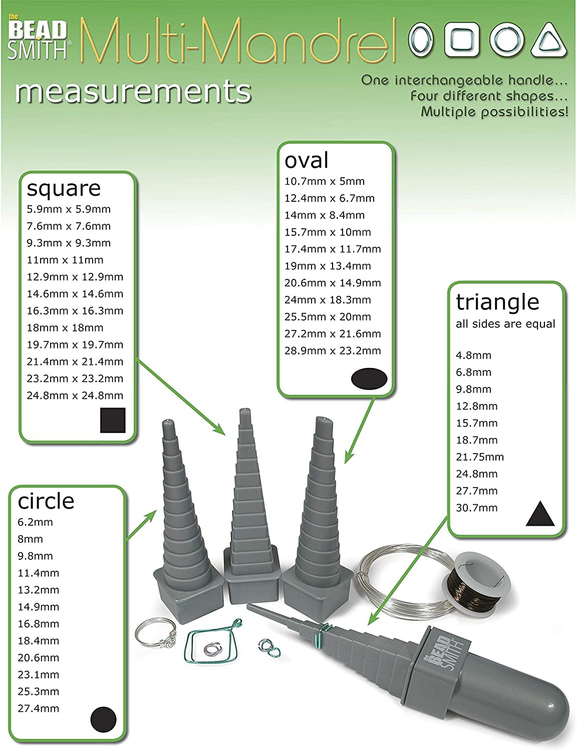 Mandrel 4X, Wire Wrapping Set, 4 Different Shapes, Oval, Square, round and Triangle, plus Interchangeable Handle, Metal Jewelry Forming and Shaping Tool