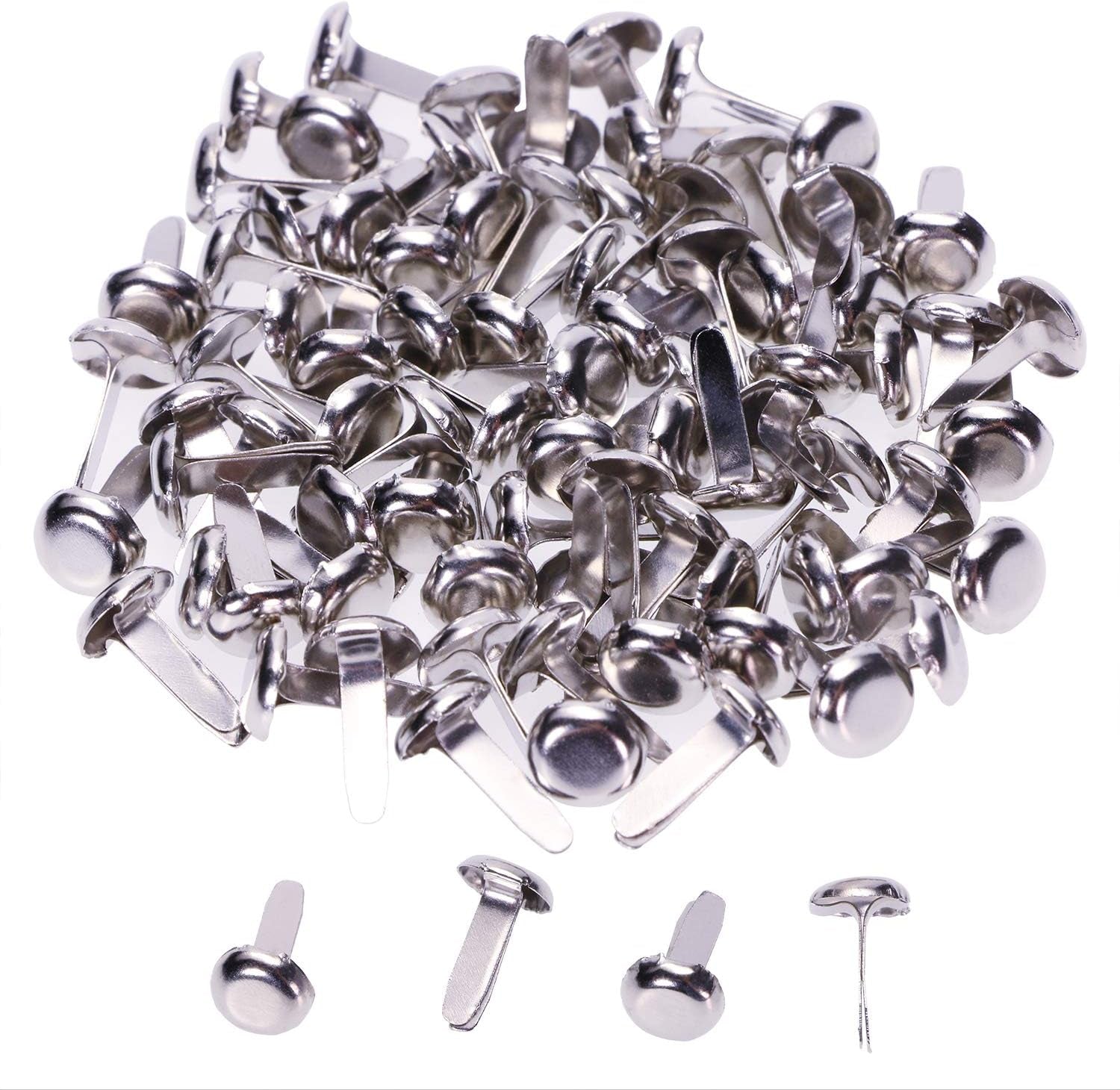 Mini Brads 100Pcs round Paper Fasteners Metal Brass Pastel Brads for Scrapbooking Crafts DIY Projects, 8X12Mm (Silver)