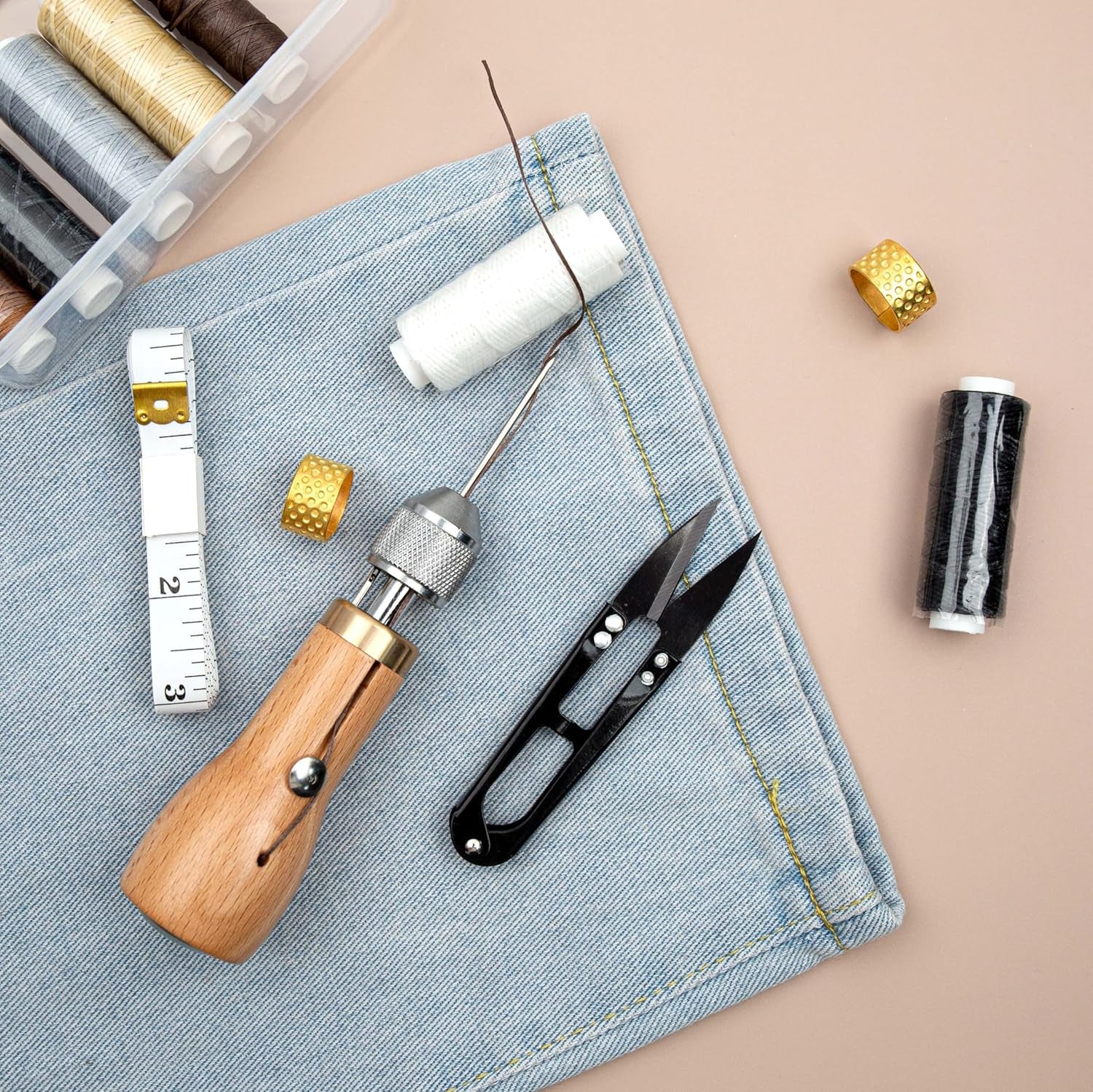 Professional Sewing Awl Kit, Portable Leather Sewing Awl Thread Kit with Straight Bent Needles Rolls Waxed Threads Small Screwdriver Yarn Scissors Needle Threader Tape Measure for DIY Craft