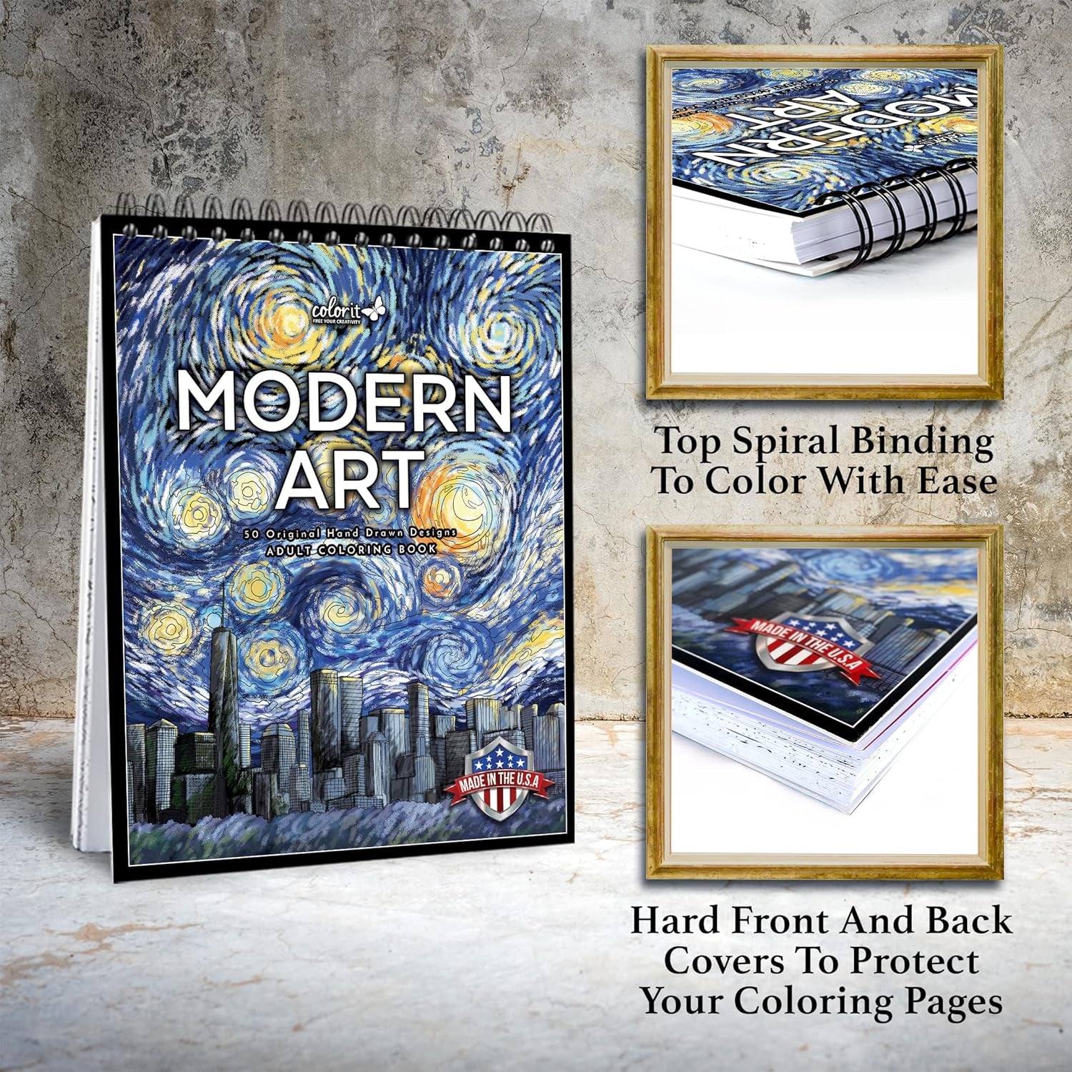 Modern Art Adult Coloring Book for Stress Relief, 50 Drawings Inspired by Famous Paintings, Smooth and Thick Paper, Spiral Binding, USA Printed, Lay Flat Hardback Book Cover, Ink Blotter Paper
