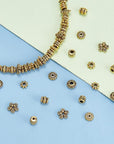300Pcs Tibetan Spacer Beads, 6 Style Antique Golden Spacers Alloy Metal Tube Beads Flower Flat Rondelle Small Loose Beads for Bracelet Necklace Earring Jewelry Making Supplies