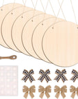 6 Pack Wood Circles for Crafts 14 Inch Unfinished Wood Slices Blank Wooden Door Hanger Sign round Wood Discs with Bows Twine Glue Point for DIY Crafts Painting Christmas Home Holiday Decor