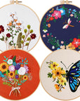Embroidery Kit for Adults Beginners, 4 Pack Cross Stitch Kits Include Cloth with Floral and Butterfly Patterns, 4 Embroidery Hoops, Color Threads and Instructions for Sewing Beginners