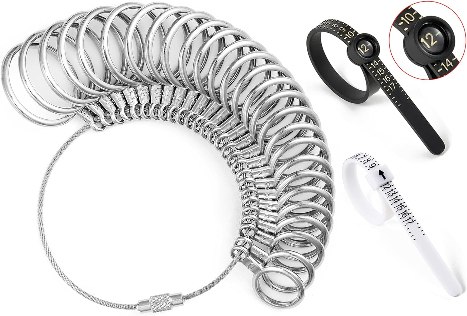 Ring Sizer Measuring Tool Kit, 27 PCS Stainless Steel Measuring Ring Tool, US Ring Size 0-13 with Half Size, 2 PCS Reusable Finger Size Tape with Magnified Glass 1-17 USA Rings Size