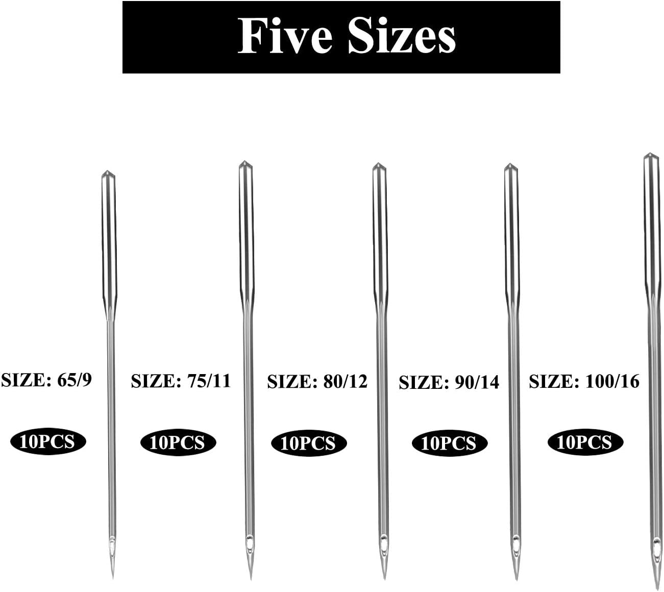 Sewing Machine Needles, 50 Count, Universal Regular Point for All Major Brands of Sewing Machines, Sizes 65/9, 75/11, 80/12, 90/14, 100/16