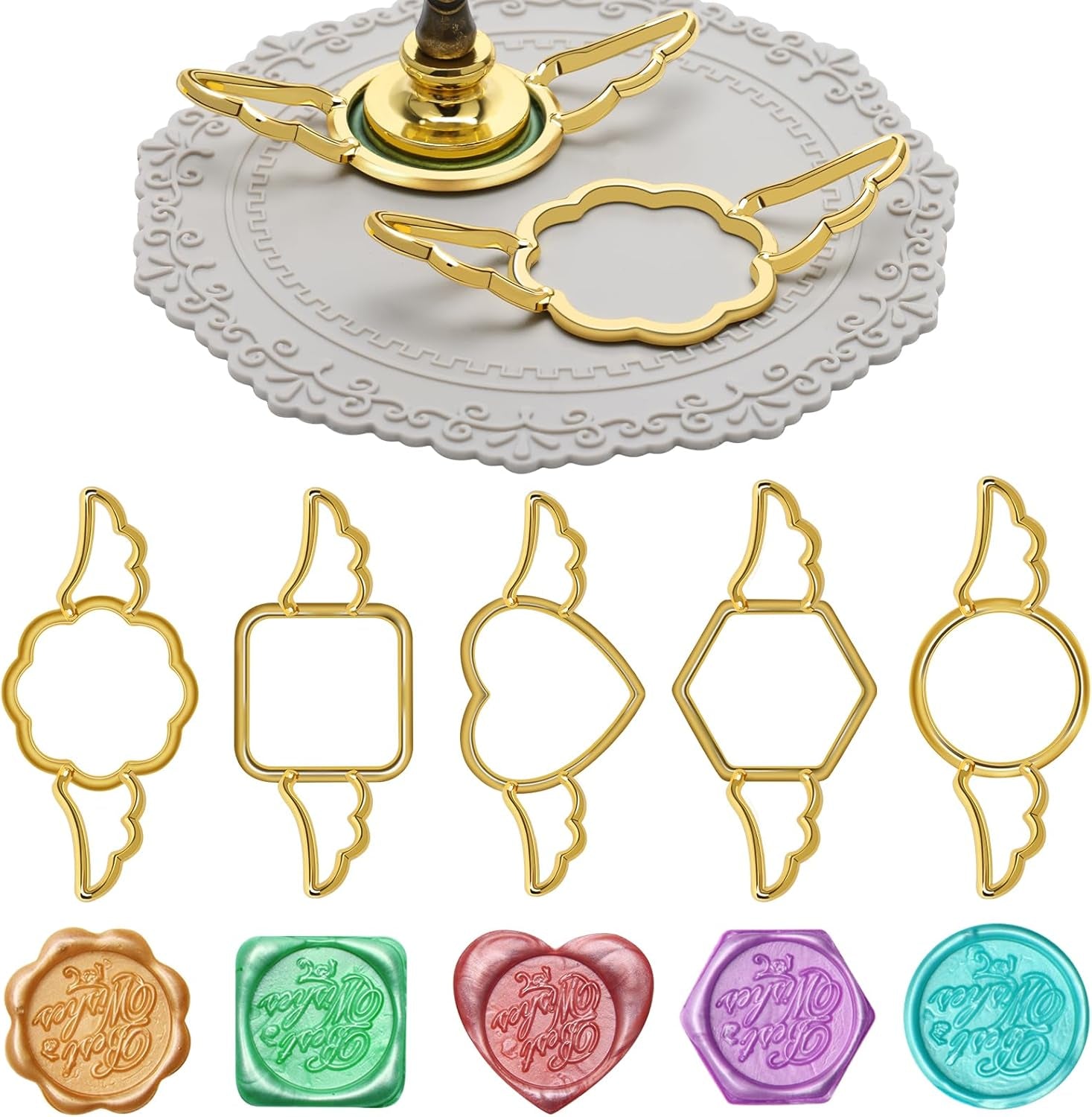 Newest Design 5+29P Metal Wax Seal Mold with Wing,  Gold Wax Seal Stamp Mold round Flower Square Hexagonal Heart Metal Wax Melt Mold with Silicone Mat, 28P Wax Sticker for Envelope Wax Wrapping