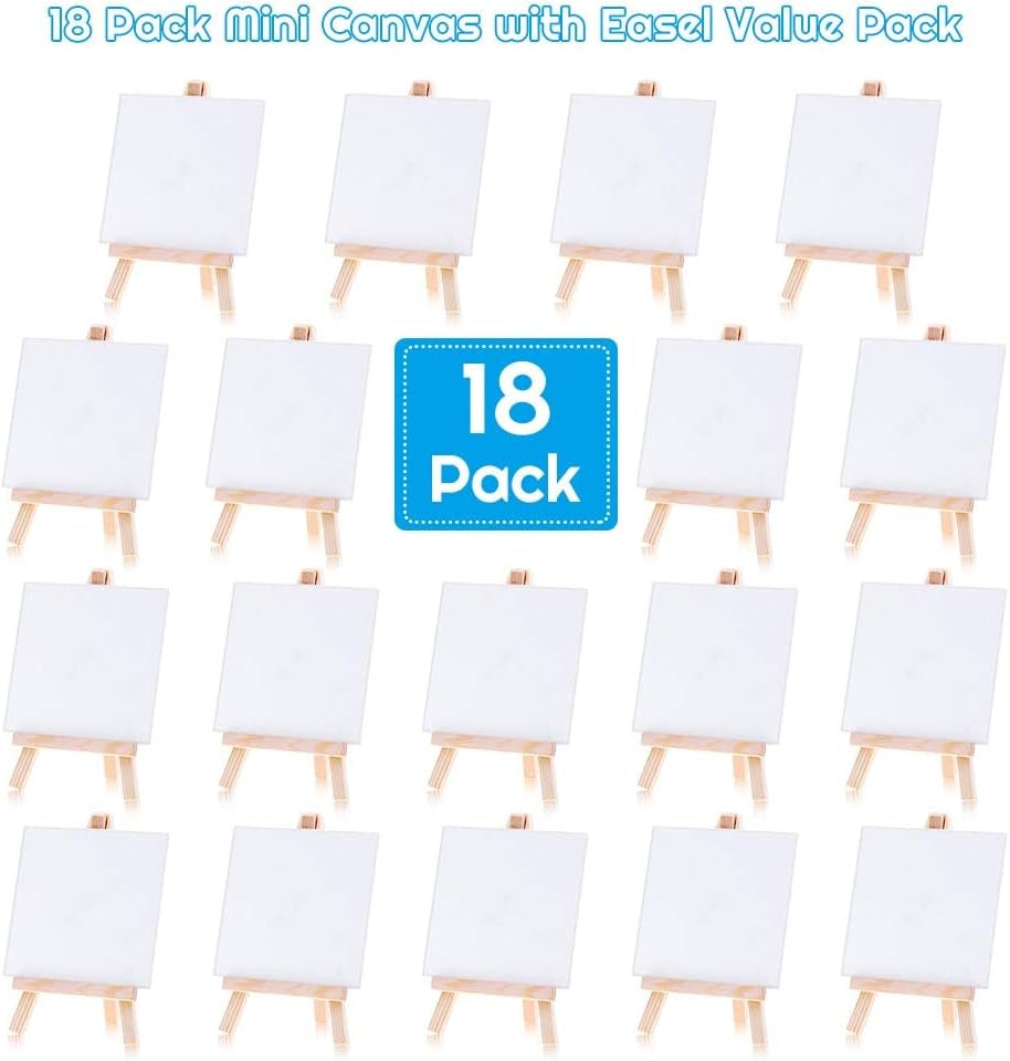 Mini Canvases 18 Pack,  Small Painting Canvas with Mini Easel 4X4 Inches Art Canvases Painting Kit for Kids Teenagers Acrylic Pouring Oil Water Color