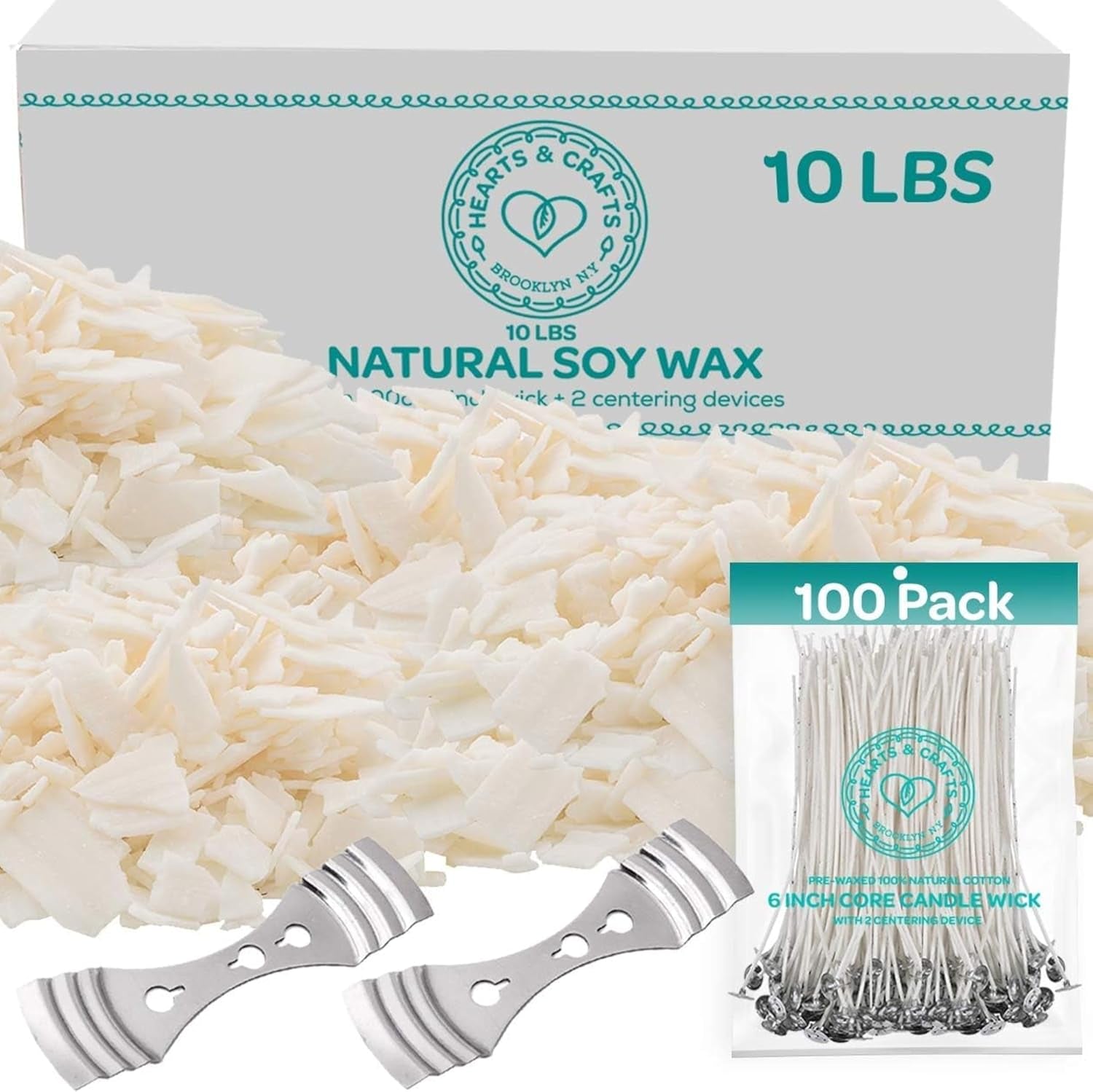 Natural Soy Wax for Candle Making - 2 Lbs Natural Soy Wax - 10 6-Inch Pre-Waxed Candle Wicks, 2 Metal Centering Devices, 2 Lbs Soy Wax Flakes - Candle Wax & Candle Making Wax Supplies