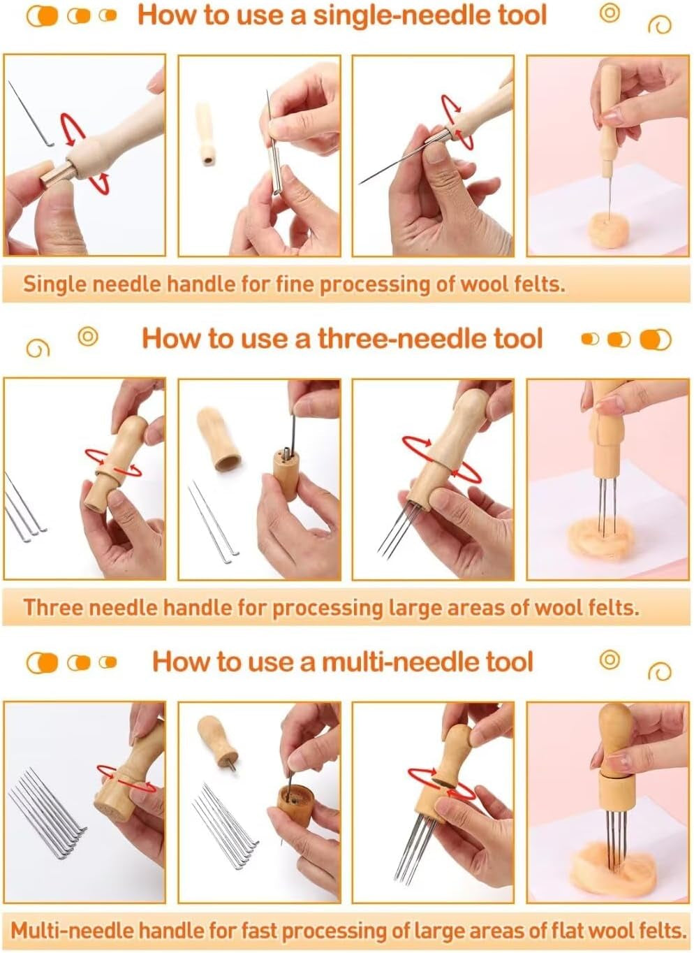 Needle Felting Tools - 134Pcs Felting Kits for Beginners Adults, 3 Sizes 102 Pcs Wool Felting Needles & 3 Wooden Handle for Making Felt Animals Doll Painting Handicraft Gifts