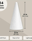 24 Pack Foam Cones for Crafts, DIY Art Projects, Handmade Gnomes, Trees, Holiday Decorations (2 X 4 In, White)