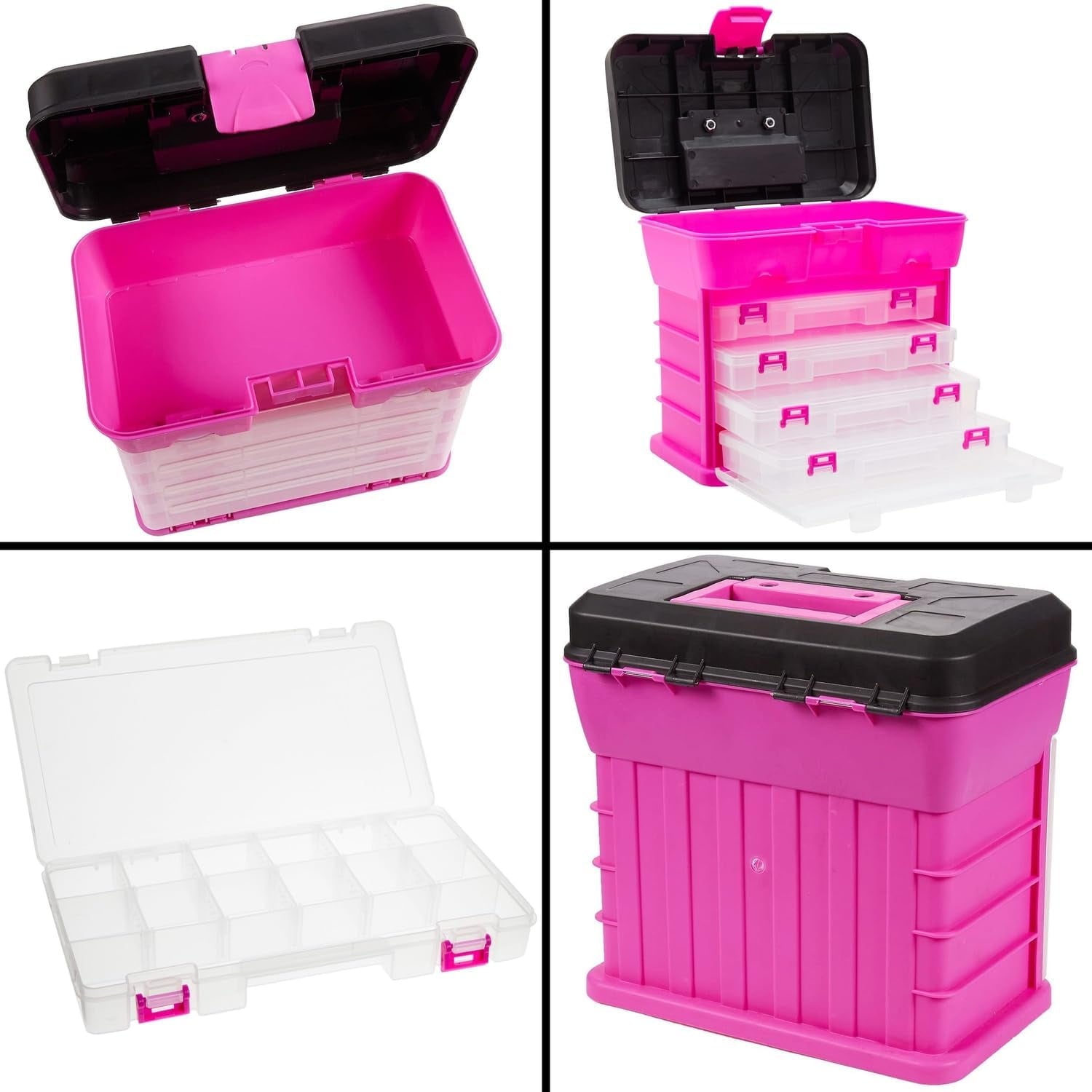Pink Tackle Box for Women, 4 Drawer, 13 Compartment Tool Storage Organizer for Crafts, Dolls, Nail Kits, Sewing (10 X 10 Inches)
