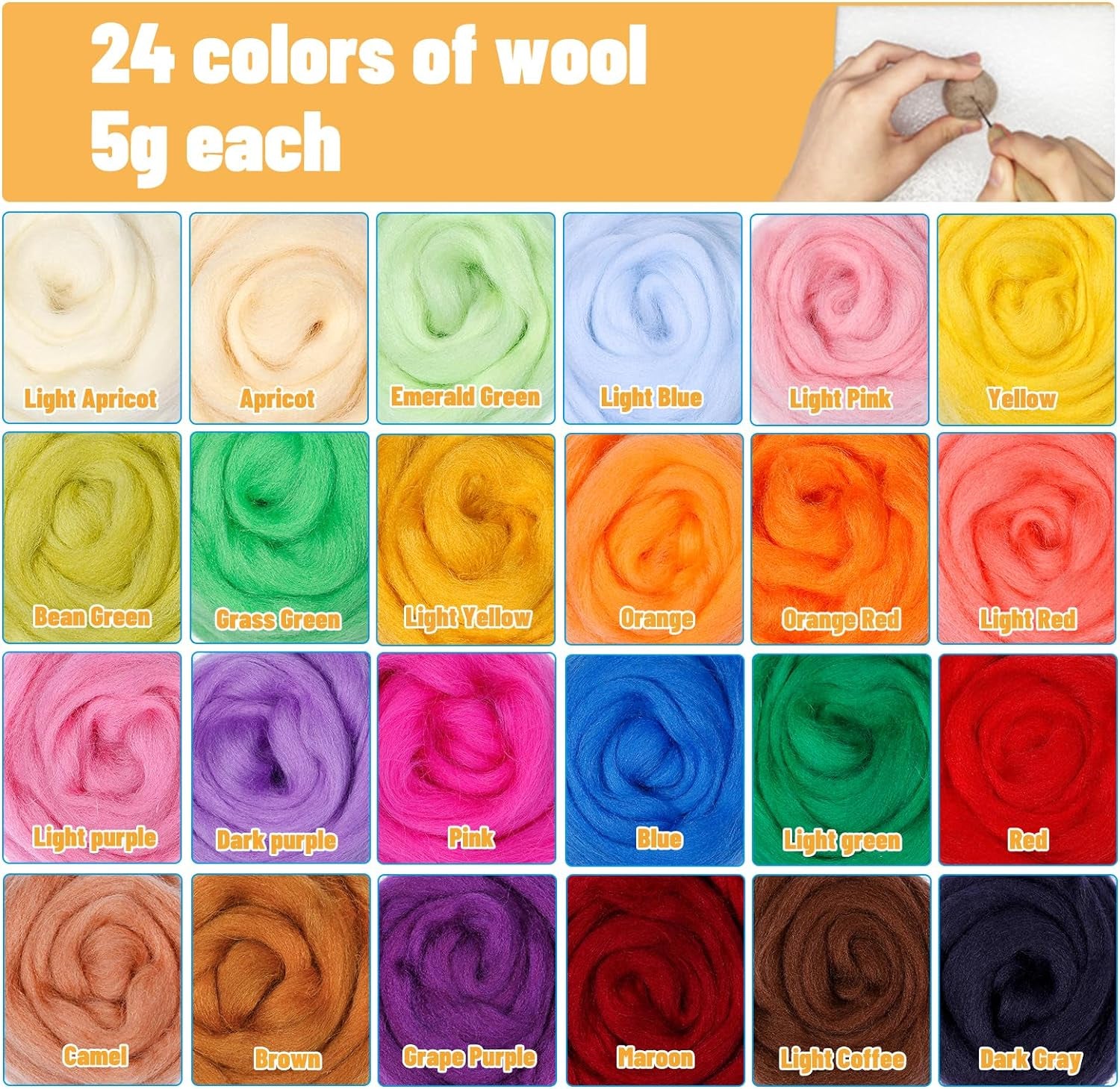 Needle Felting Kit, Wool Roving (5G/Color), Complete Needle Felting Starter Kit with Basic Felt Tools and Supplies Wool Fibre Spinning Craft Wet Felting Material for Beginners