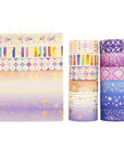 Galaxy Washi Tape Set Purple Stars Decorative Tapes Silver Gold Foil Masking for Arts, DIY Crafts, Journal Supplies, Planners, Scrapbook, Gift Wrapping (Purple Night 12 Rolls)