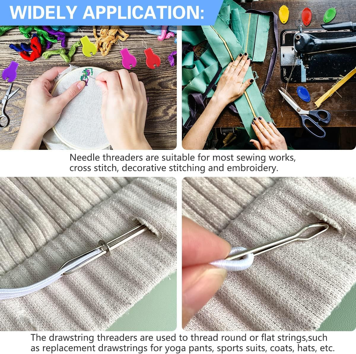 Needle Threaders Tool Set 19 in 1 for Hand Sewing, Sewing Machine, DIY (5 Pcs Gourd Shaped Threaders + 5 Pcs Thumb Shaped Threaders + 2 Pcs Drawstring Threaders + 2 Pcs Seam Rippers + 5Pcs Needles)